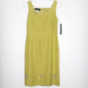 Donna Morgan‎ VTG Womens Linen Blend Dress 6 Green Embroidered Floral Brunch